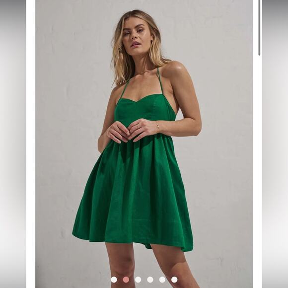 mon renn willow green lace up back halter neck fit & flare mini summer dress NEW - Picture 2 of 9